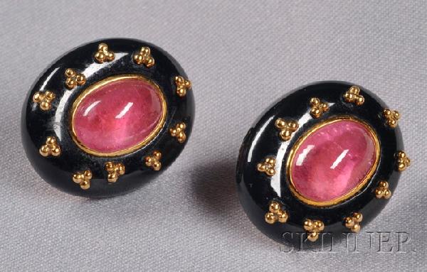 18kt Gold, Pink Tourmaline, and Black Jade Earclip: 18kt Gold, Pink Tourmaline, and Black Jade Earclips, Angela Cummings, each bezel-set with an oval cabochon tourmaline measuring approx. 12.00 x 8.00 x 8.50 mm, black jade surrounds with gold bead high