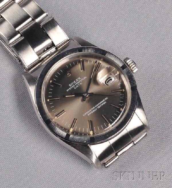 Stainless Steel Wristwatch, Rolex, "Oyster Perpetu: Stainless Steel Wristwatch, Rolex, "Oyster Perpetual Date," c. 1970s, the brown metal dial with baton numeral indicators and date aperture, enclosing automatic movement, Oyster bracelet completed by d