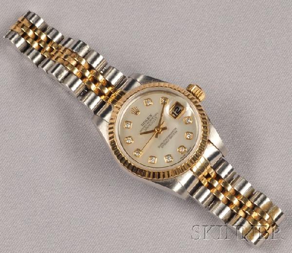 Lady's Stainless Steel and 18kt Gold Wristwatch, R: Lady's Stainless Steel and 18kt Gold Wristwatch, Rolex, "Oyster Perpetual Datejust," the mother-of-pearl dial with diamond numeral indicators and date aperture, jubilee bracelet, interior cir. 6 3/4 i