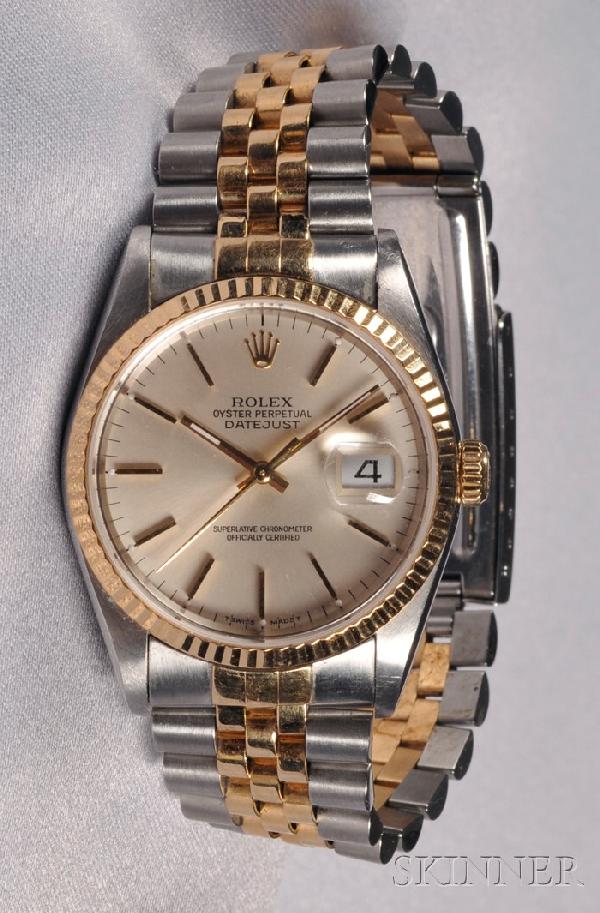 Stainless Steel and 18kt Gold Wristwatch, Rolex, ": Stainless Steel and 18kt Gold Wristwatch, Rolex, "Oyster Perpetual Datejust," the silver-tone metal dial with baton numeral indicators and date aperture, enclosing an automatic movement, completed by
