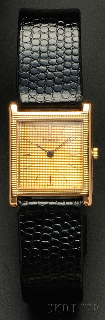18kt Gold Wristwatch, Piaget, the engraved dial wi: 18kt Gold Wristwatch, Piaget, the engraved dial with baton numeral indicators, enclosing manual-wind 19-jewel movement no. 613980, case no. 931, 76143, 21 mm, signed case, movement, and dial, (later s