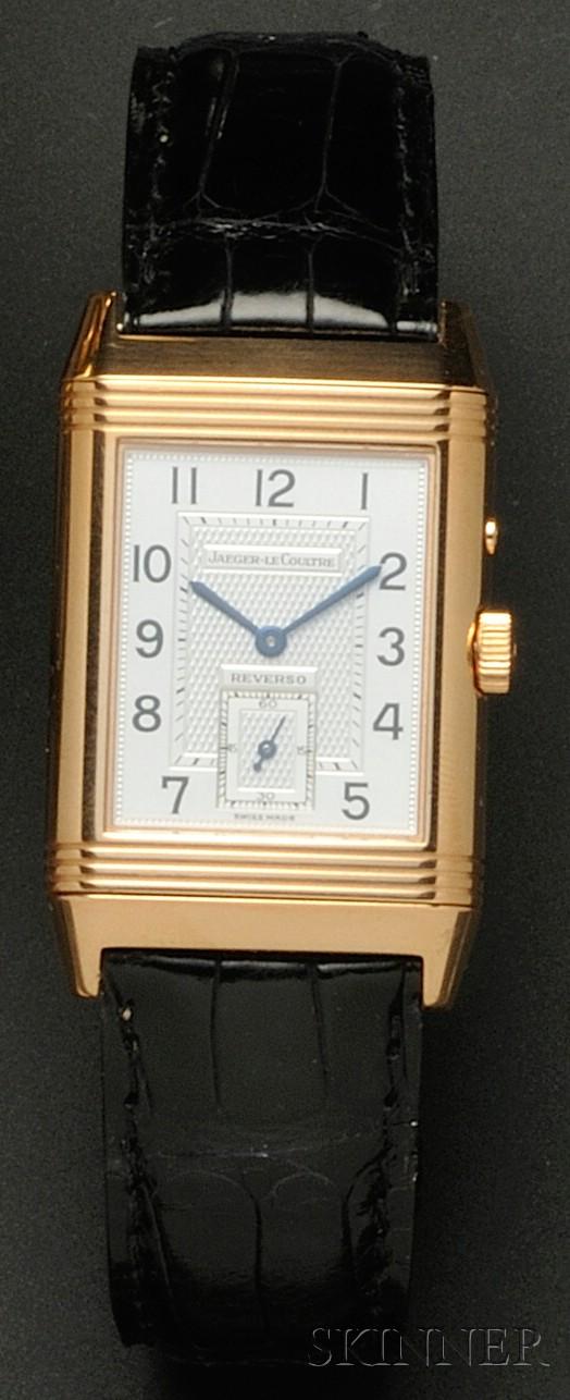 18kt Rose Gold "Reverso" Wristwatch, Jaeger-LeCoul: 18kt Rose Gold "Reverso" Wristwatch, Jaeger-LeCoultre, with silver-tone and brown metal dials, Arabic and abstract numeral indicators, and subsidiary seconds dials, enclosing manual-wind movements, no