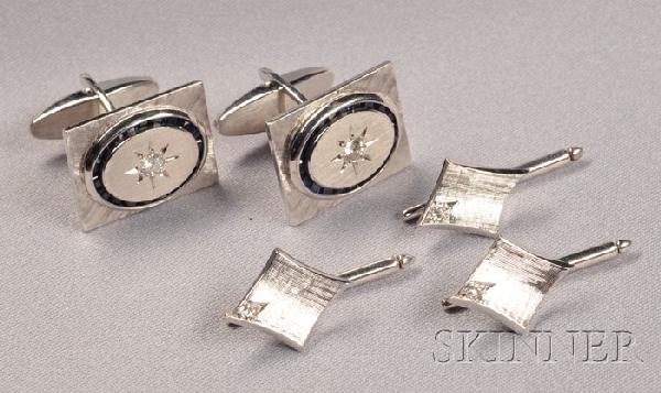 14kt White Gold, Diamond, and Sapphire Dress Set,: 14kt White Gold, Diamond, and Sapphire Dress Set, Lucien Piccard, comprising a pair of cuff links, each star-set with a full-cut diamond surrounded by channel-set diamonds, and three navette-shaped sh