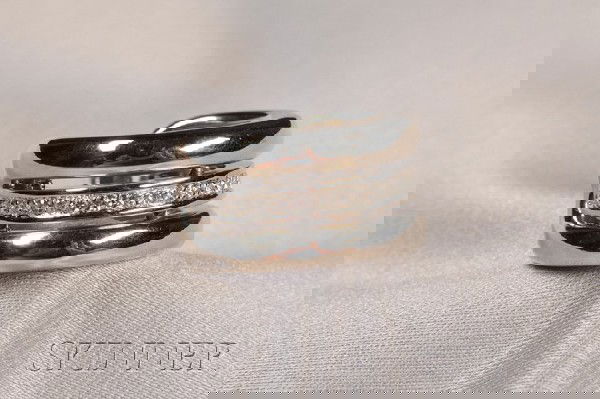 18kt Bicolor Gold and Diamond Ring, Antonini, cent: 18kt Bicolor Gold and Diamond Ring, Antonini, centering a line of full-cut diamond melee, 14.7 dwt, size 7.