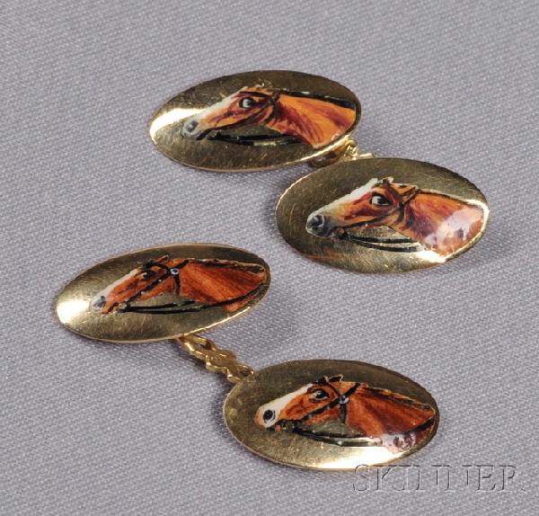 18kt Gold and Enamel Cuff Links, each double link: 18kt Gold and Enamel Cuff Links, each double link depicting a horse head, boxed.