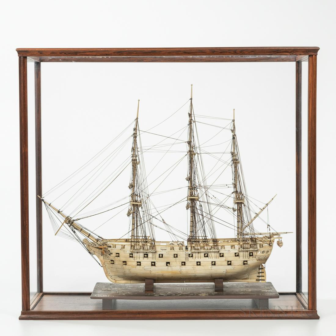 Carved Whalebone Model Ship, probably French Prisoner (1 of 4)
