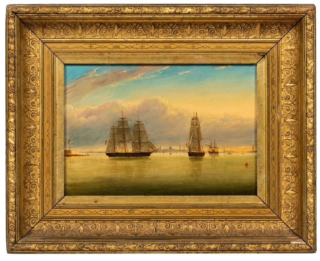 Clement Drew (Massachusetts, 1806-1889), Boston Harbor,: Clement Drew (Massachusetts, 1806-1889) Boston Harbor Titled, signed, dated and inscribed "Boston Harbor/painted by C. Drew/8 Summer St. 1876" on the reverse. Oil on canvas, 9 3/4 x 6 1/2 in., in a pe