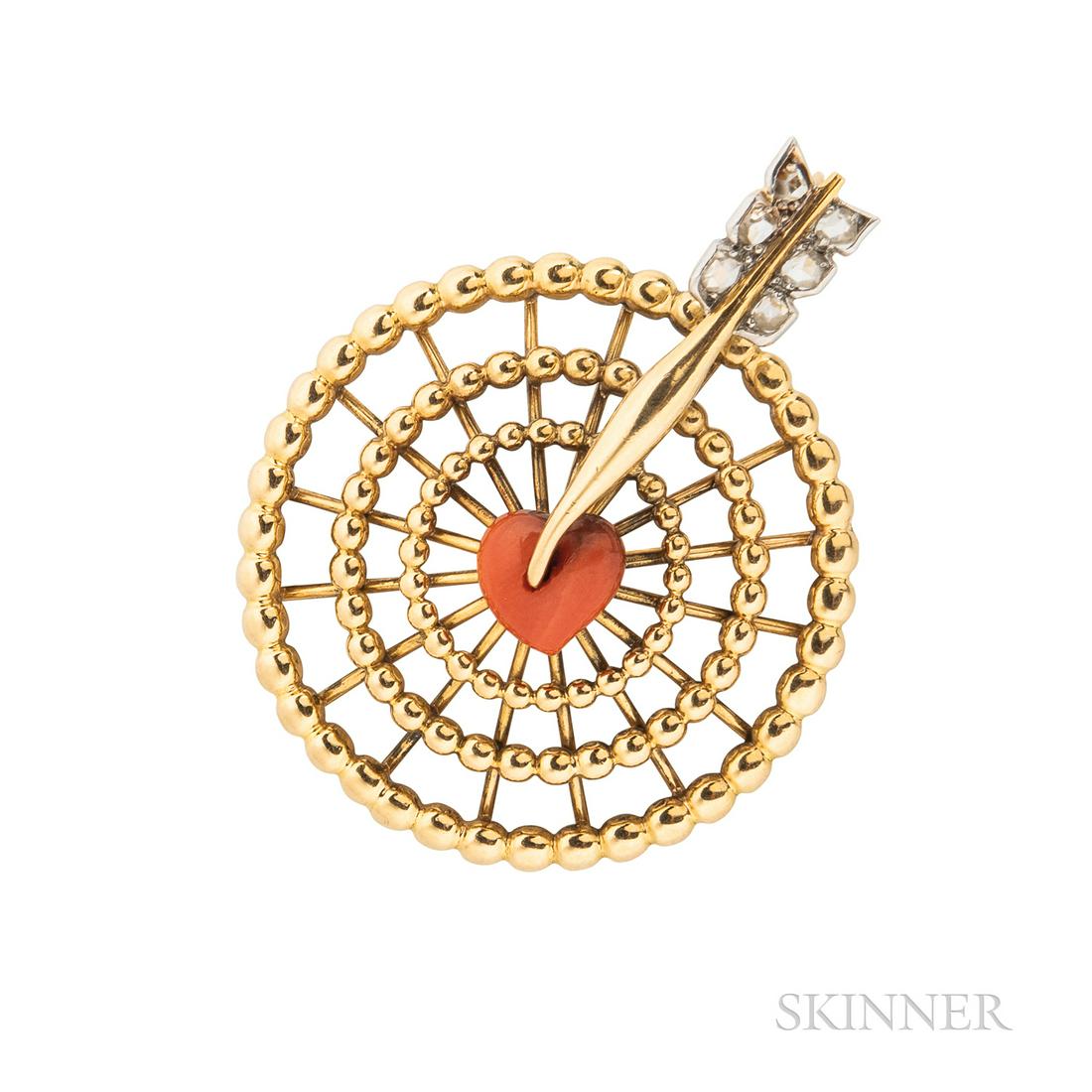 Cartier 18kt Gold and Coral Target Brooch, Paris, with: Cartier 18kt Gold and Coral Target Brooch, Paris, with heart-shape coral arrow, rose-cut diamond accents, dia. 1 1/4, lg. to end of arrow 1 5/8 in., no. 09736, maker's mark and guarantee stamps, signe
