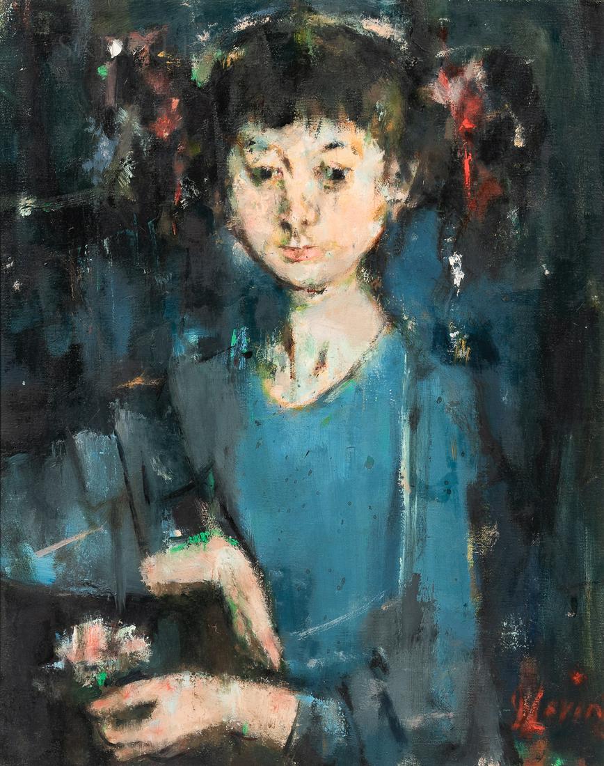 Jack Levine (American, 1915-2010), Girl in Blue, Signed: Jack Levine (American, 1915-2010) Girl in Blue Signed "JLevine" l.r., dated "...1955" and identified on gallery and exhibition labels (see below) affixed to the frame backing. Oil on canvas, 2