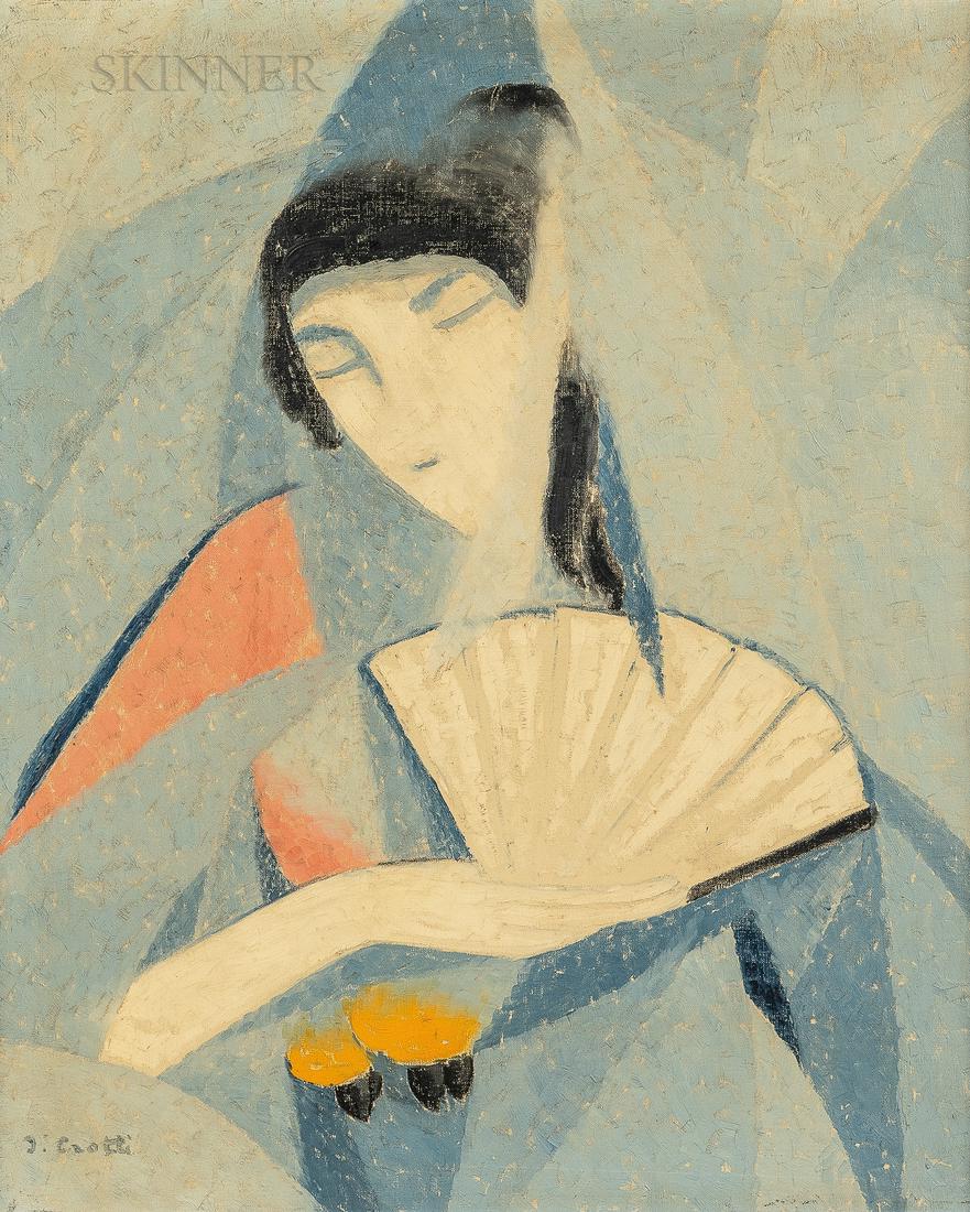 Jean Crotti (French, 1878-1958), Femme à l'é: Jean Crotti (French, 1878-1958) Femme à l'éventail Signed "J. Crotti" l.l., signed or inscribed "Jean Crotti" on the stretcher, titled and dated "...1913" in an inscription on the stret