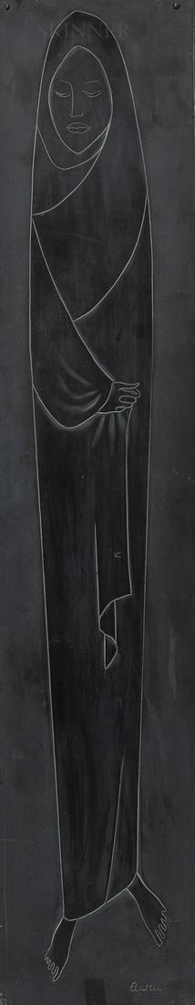 Frank Eliscu (American, 1912-1996), Standing Robed: Frank Eliscu (American, 1912-1996) Standing Robed Figure Signed "Eliscu" l.r. Carved slate, 38 7/8 x 8 x 3/8 in. (97.3 x 20.3 x 1.0 cm), hanging wire attached through holes near upper edge (by design)
