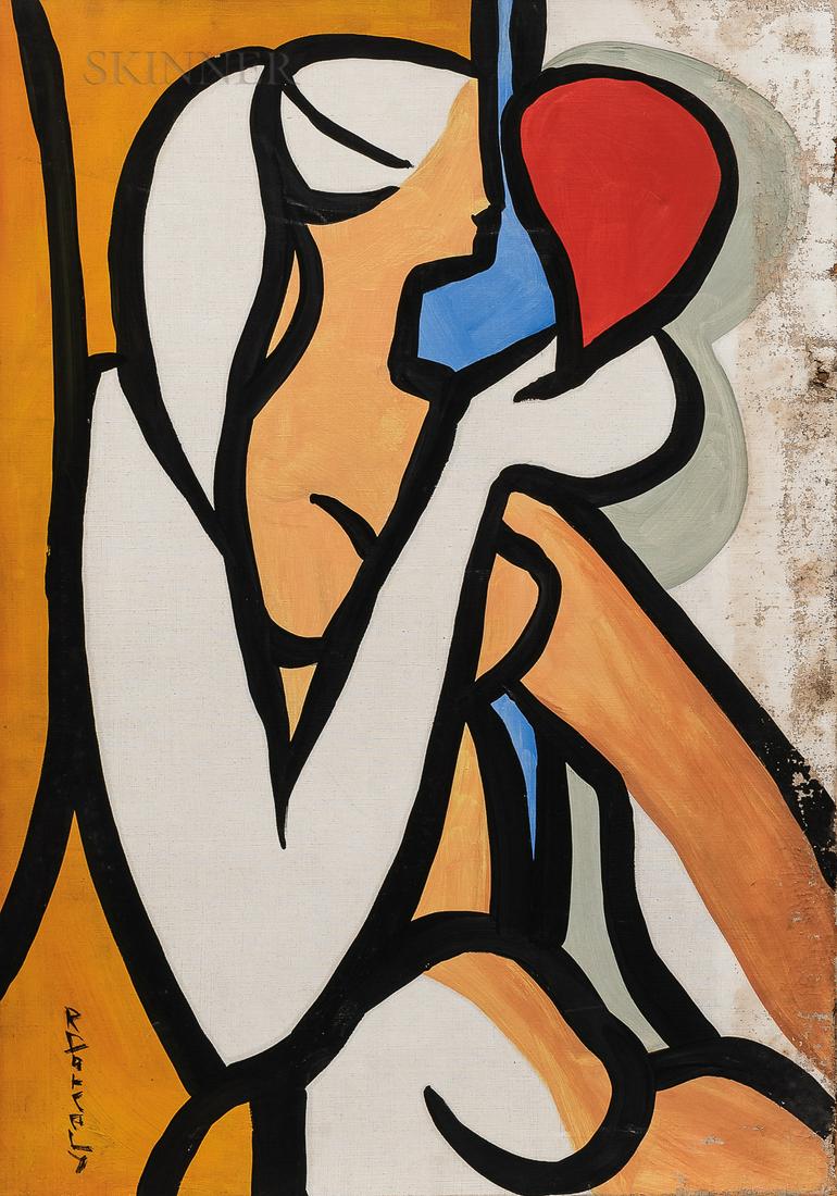 Roland Dorcély (Haitian, 1930-2017), Seated Nude,: Roland Dorcély (Haitian, 1930-2017) Seated Nude Signed "RDORCELY" l.l., inscribed "L914" on the reverse, label from La Galerie "18," Paris, affixed to the stretcher bar. Oil on canvas, 25 1/4 x 1