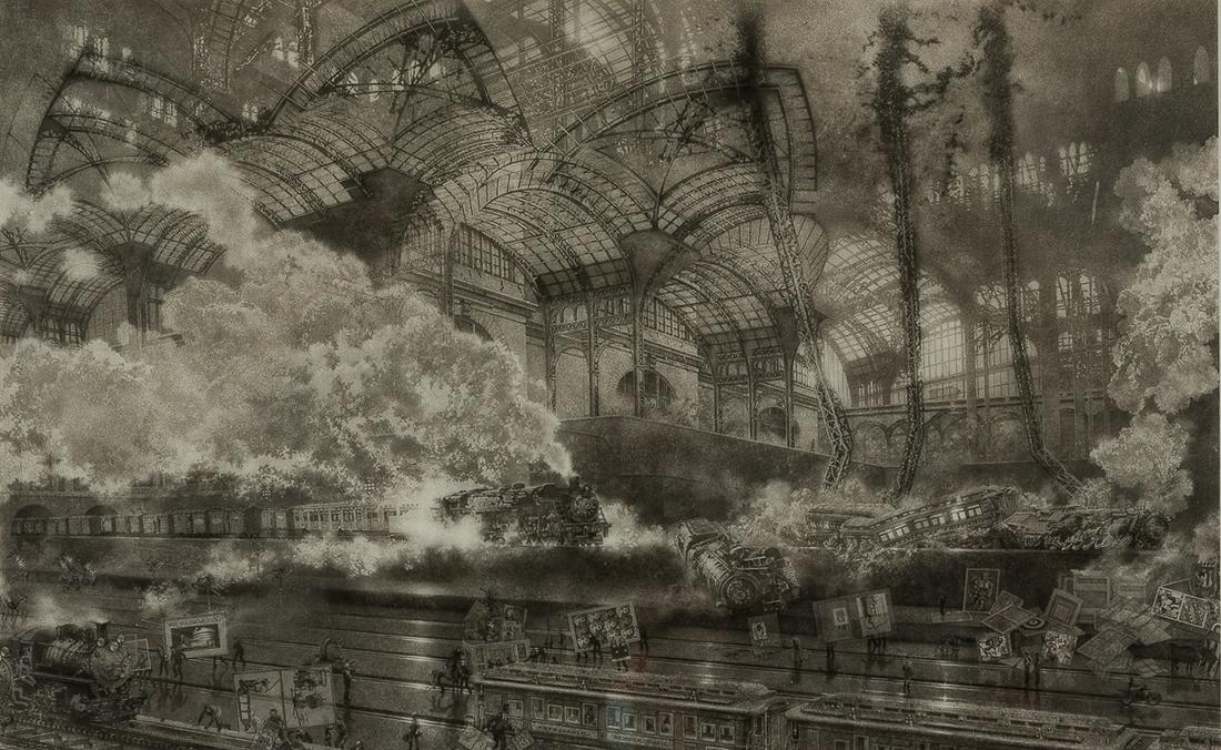 Peter Milton (American, b. 1930), Study for Points of: Peter Milton (American, b. 1930) Study for Points of Departure III: Twentieth Century Limited Unsigned. Ink on Mylar, 28 1/4 x 42 1/4 in. (71.7 x 107.3 cm), framed. Condition: The sheet ha