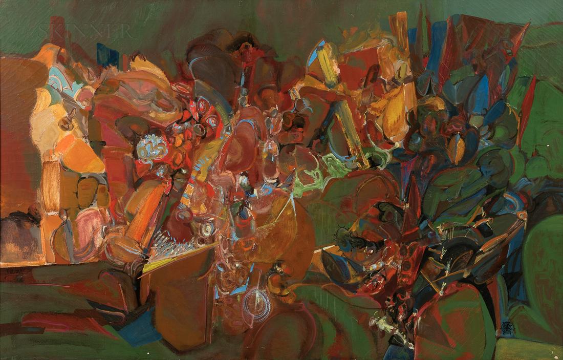 Jack Wolfe (American, 1924-2007), Green Bearce, Signed: Jack Wolfe (American, 1924-2007) Green Bearce Signed and dated "J. Wolfe '58" c.l., titled and dated ".../1958" on a label from Joan Peterson Gallery, Boston, affixed to the stretcher. Oil on