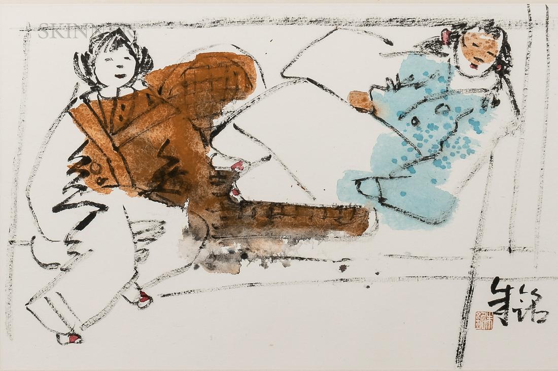 Ju Ming (Taiwanese, b. 1938), Two Women, Signed with: Ju Ming (Taiwanese, b. 1938) Two Women Signed with characters and with artist's seal l.r. Ink and watercolor on paper, 16 1/2 x 25 1/2 in. (41.9 x 64.8 cm), framed. Condition: Not examined out of fram