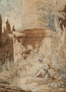 Hubert Robert (French, 1733-1808), Young Bather at a: Hubert Robert (French, 1733-1808) Young Bather at a Stream by a Monument Unsigned, with a dry-stamp collector's mark "FR" (Lugt, 1042) to l.r. corner. Black chalk, ink, graphite, and watercolor on pap