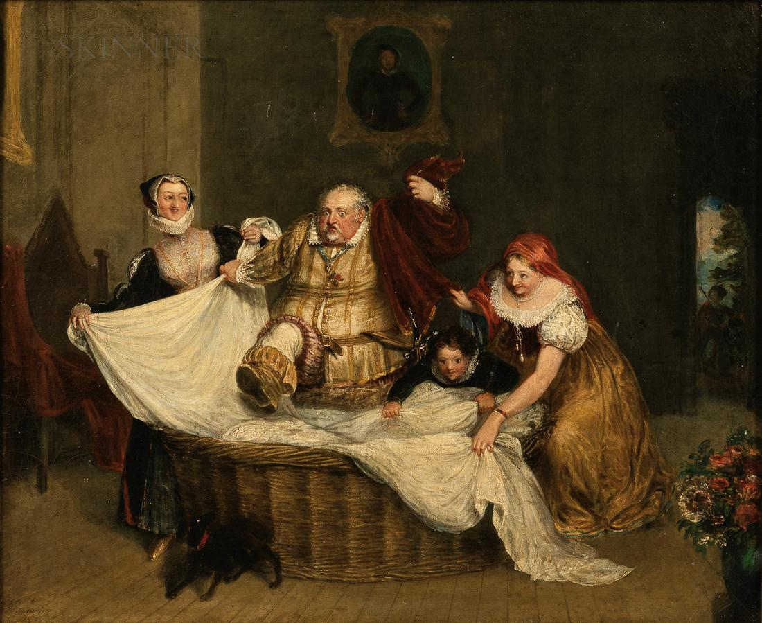 Gilbert Stuart Newton (British, 1794-1835), Hiding Sir: Gilbert Stuart Newton (British, 1794-1835) Hiding Sir John Falstaff: A Scene from The Merry Wives of Windsor Signed and dated indistinctly "G.S. Newton/18...8" l.l. transcribed signature "G.S. Ne