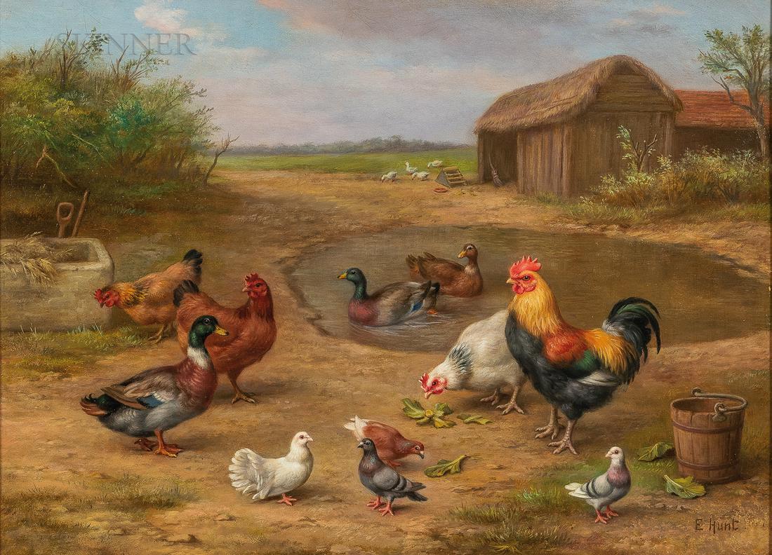 Edgar Hunt (British, 1876-1955), Farm Yard with Fowl,: Edgar Hunt (British, 1876-1955) Farm Yard with Fowl Signed "E. Hunt" l.r., identified on a label from Vose Galleries of Boston affixed to the frame backing, and with a label from MacConnal-Mason & Son