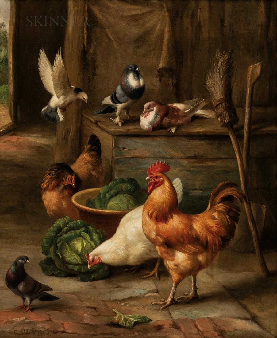 Edgar Hunt (British, 1876-1955), Fowl in a Barn: Edgar Hunt (British, 1876-1955) Fowl in a Barn Interior Signed and dated "E. HUNT 1905" l.l., identified on a label from Vose Galleries of Boston affixed to the frame backing, and with a label from Ma