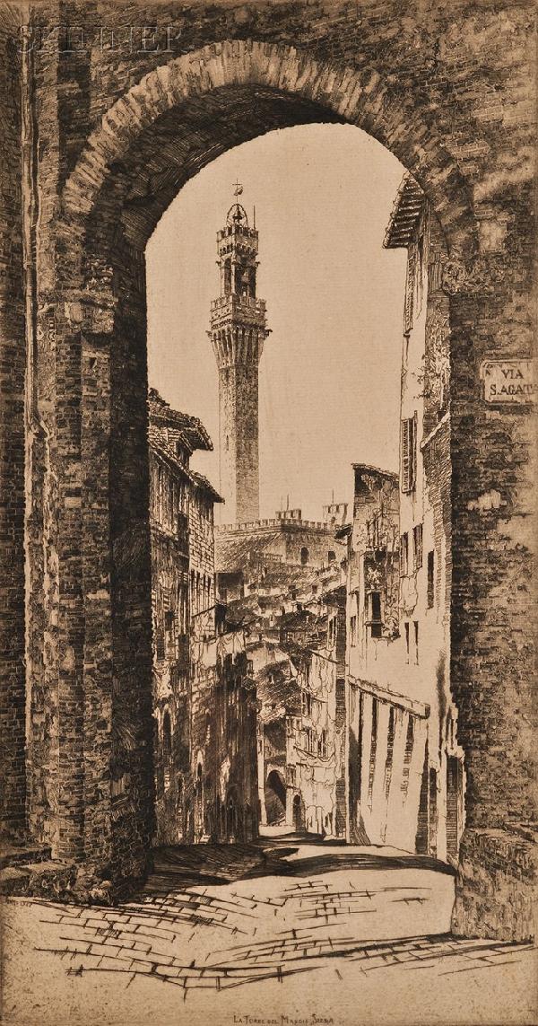 Lot of Two Italian Views: John Taylor Arms (America: Lot of Two Italian Views: John Taylor Arms (American, 1887-1953), La Torre del Mangia, Siena, 1927, trial proof I, before the edition of 115 (Fletcher, 192); and Louis Wolchonok (American, 1898-1973),