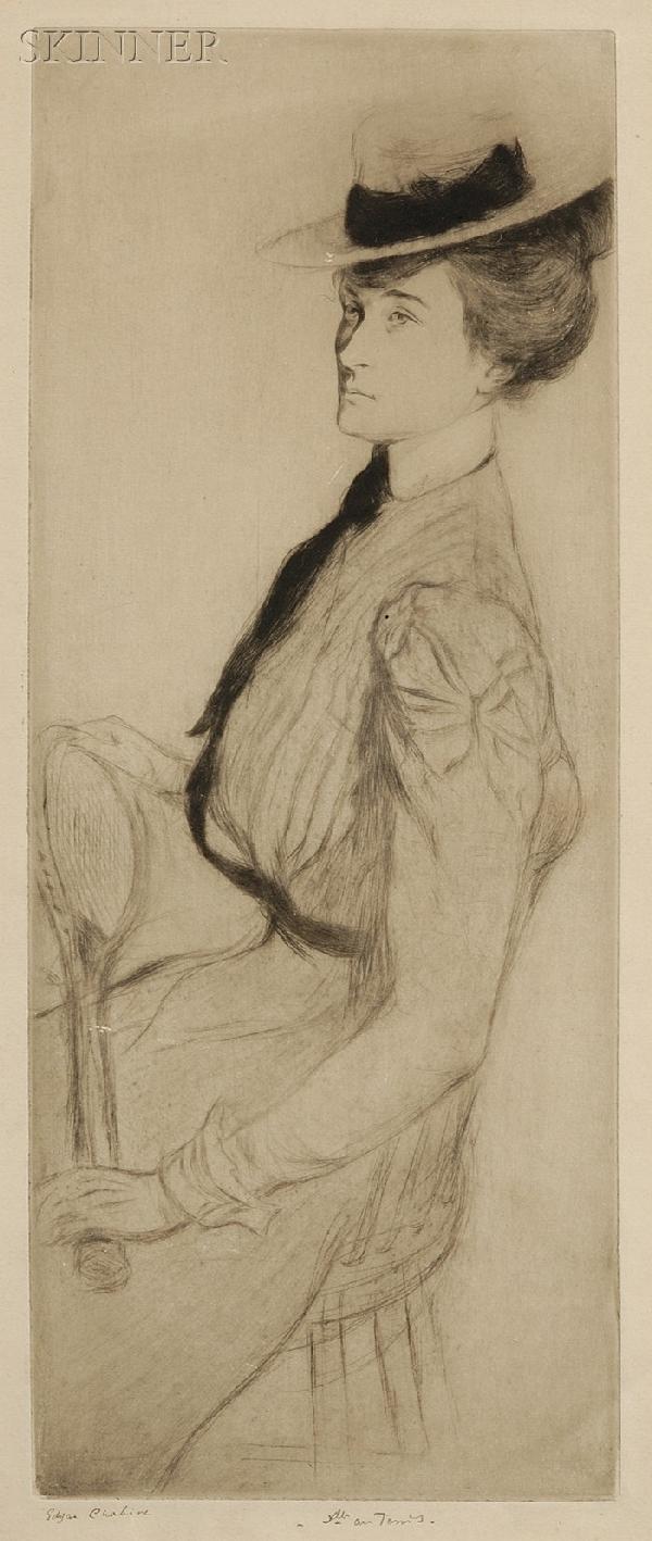 Edgar Chahine (French, 1874-1947) Demoiselle au ten: Edgar Chahine (French, 1874-1947) Demoiselle au tennis, 1899, edition of approximately 70 (Tabanelli, 32). Signed "Edgar Chahine" in umber ink l.l., titled in pencil l.c., identified on an exhibition