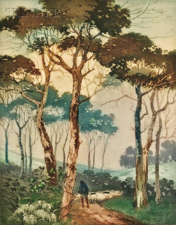 John Wesley Cotton (American, 1868-1931) Lot of Two: John Wesley Cotton (American, 1868-1931) Lot of Two Views: Herder with Sheep at the Edge of a Wood, second edition of 25; and Pont St. Boniface, Bruges, second state, edition of 10.