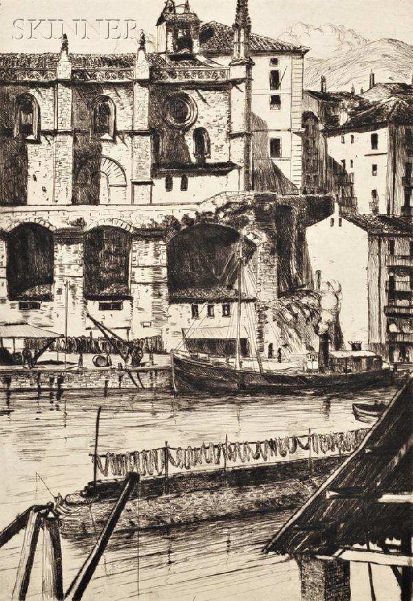 Max Kuehne (American, 1880-1968) Lot of Four Views: Max Kuehne (American, 1880-1968) Lot of Four Views of Spain: Basque Fishing Port, Toward Evening - Toledo, Countryside - San Lorenzo, and Motrico, Spain. The fir