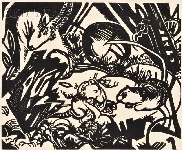 Franz Marc (German, 1880-1916) Tierlegende, 1912,: Franz Marc (German, 1880-1916) Tierlegende, 1912, probably the third state of three, published 1918 (Lankheit, 831). Unsigned, identified on a label from the Retina Gallery, Cambridge, on the backing.