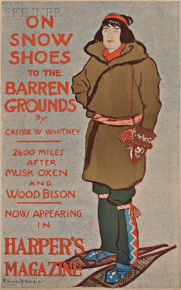 Edward Penfield (American, 1866-1925) On Snow Shoe: Edward Penfield (American, 1866-1925) On Snow Shoes to the Barren Grounds..., for HARPER'S MAGAZINE, 1896. Signed and identified within the matrix. Color lithograph on paper, ima