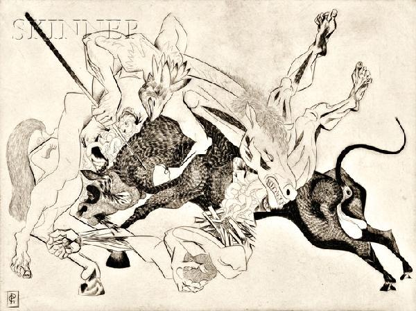 Gabor F. Peterdi (American, 1915-2001) Combat, 193: Gabor F. Peterdi (American, 1915-2001) Combat, 1939, edition of 50. Signed and dated "Peterdi '39" in pencil l.r., titled in pencil l.c., numbered "30 - 50" in pencil l.l., monogrammed in the plate. E