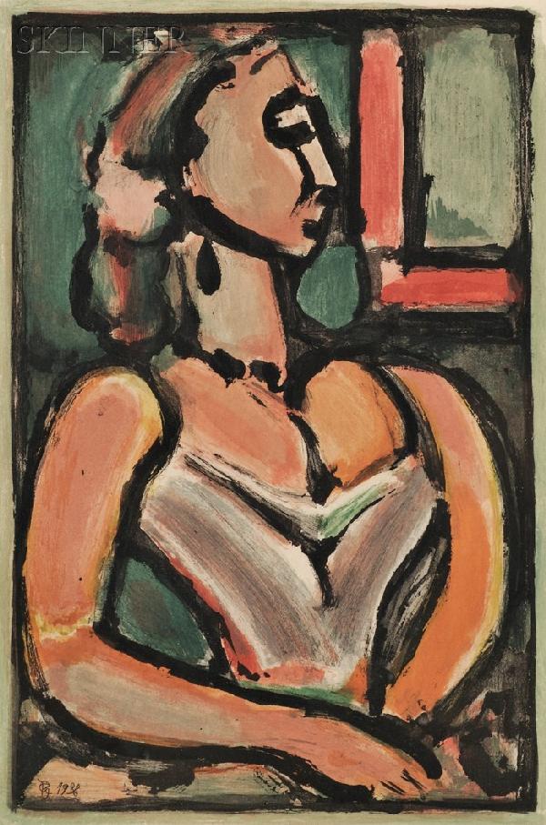 Georges Rouault (French, 1871-1958) Femme fi?re, f: Georges Rouault (French, 1871-1958) Femme fi?re, from LES FLEURS DU MAL III, 1938, edition of 250 (Wofsy, 276). Initialed and dated in the plate. Color aquatint on paper, plate s