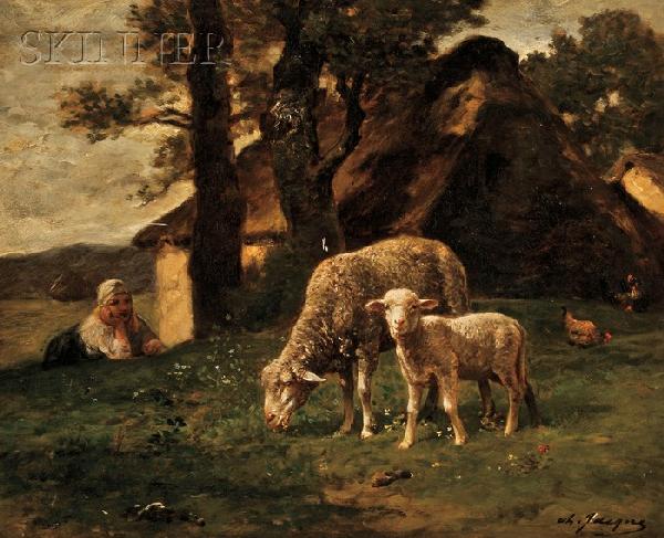 Charles Emile Jacque (French, 1813-1894), View of: Charles Emile Jacque (French, 1813-1894) View of a Shepherdess Watching a Grazing Ewe and Lamb at Pasture Signed "Ch. Jacques" l.r., with a partial label from Goupil's, 170 Fifth Avenue, New York, on