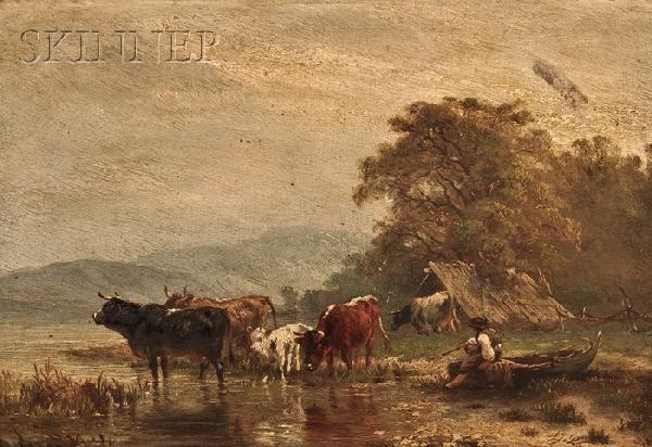 Albert Jurardus Prooijen (Dutch, 1834-1898), View : Albert Jurardus Prooijen (Dutch, 1834-1898) View of a Figure with Cattle at a Pond Signed "AJ Prooijen" l.r. Oil on panel, 9 x 13 1/4 in. (22.9 x 33.7 cm), framed. Condition: Surface grime.