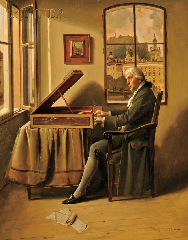 Franz Xaver Wolf (Austrian, 1896-1989), Portrait: Franz Xaver Wolf (Austrian, 1896-1989) Portrait of Wolfgang Amadeus Mozart Signed "F.X. Wolf" l.r., identified on a presentation plaque and label affixed to the reverse. Oil on panel, 19 1/2 x 16 in.