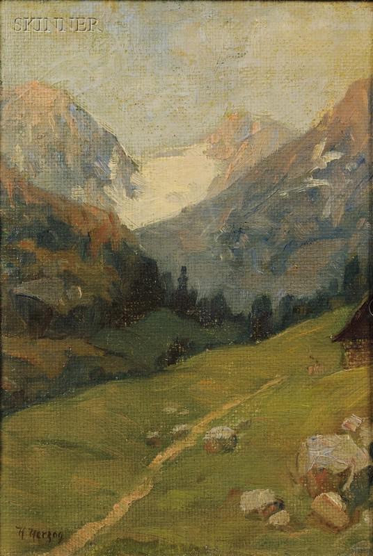 Hermann Ottomar Herzog (German/American, 1832-1932: Hermann Ottomar Herzog (German/American, 1832-1932) Alpine Study Signed "H Herzog" l.l. Oil on canvas, sight size 7 x 4 3/4 in. (17.8 x 12.1 cm), framed. Condition: Scattered retouch, varnish inconsis