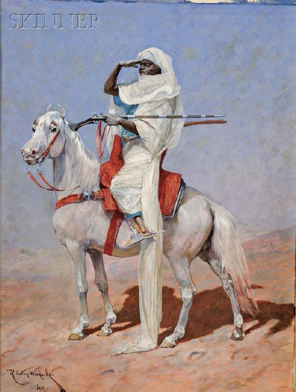Richard Caton Woodville, Jr. (British, 1856-1926),: Richard Caton Woodville, Jr. (British, 1856-1926) Lot of Two Portraits: Albanian Frontier Guards at Prayer and Middle Eastern Rider on an Arabian Horse Each signed and dated "R. Ca