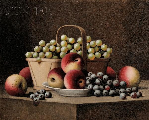 Barton Stone Hays (American, 1826-1914), Still Lif: Barton Stone Hays (American, 1826-1914) Still Life with Peaches and Grapes Signed "B.S. Hays." l.r., information on the artist affixed to the backing. Oil on canvas, 16 x 20 in. (40.6 x 50.8 cm), fram