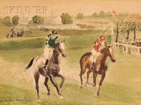 Randall Vernon Davey (American, 1887-1964), Jockey: Randall Vernon Davey (American, 1887-1964) Jockeys on Horseback Signed "Randall Davey" l.l. Watercolor and graphite on paper, sight size 8 1/2 x 11 1/2 in. (21.6 x 29.2 cm), framed. Condition: Toning,