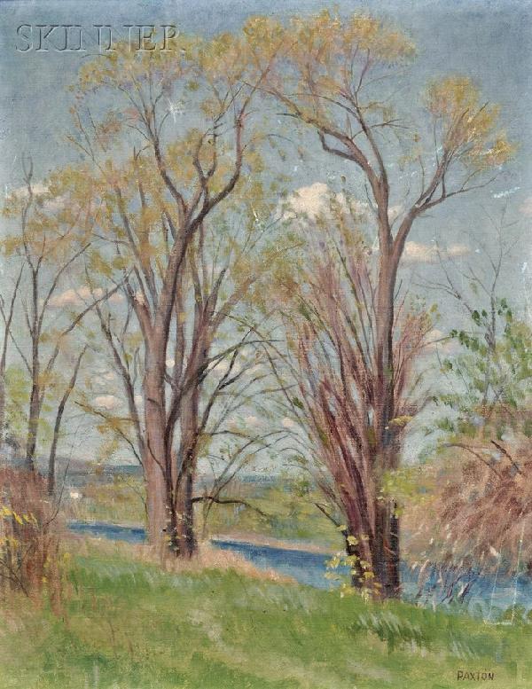 William McGregor Paxton (American, 1869-1941), Spr: William McGregor Paxton (American, 1869-1941) Spring by the River Signed "PAXTON" l.r. Oil on canvasboard, 20 x 15 7/8 in. (50.7 x 40.4 cm), framed. Condition: Abrasions, bowing to support, surface gr