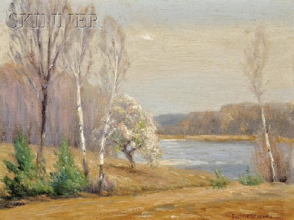 Gustave Adolph Wiegand (American, 1870-1957), Earl: Gustave Adolph Wiegand (American, 1870-1957) Early Spring, Near Port Jervis, N.J. Signed "-GUSTAVE WIEGAND-" in pen l.r., titled and inscribed "by Gustave Wiegand" on the reverse. Oil on c