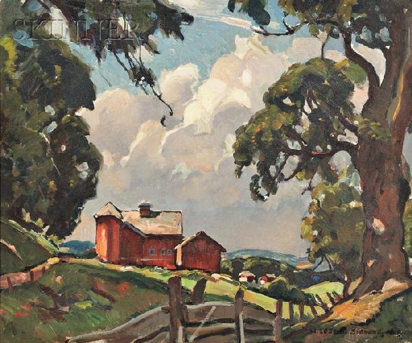 William Lester Stevens (American, 1888-1969), Summ: William Lester Stevens (American, 1888-1969) Summer Landscape with Red Barn Signed "W. LESTER STEVENS N.A." l.r. Oil on canvas, 20 x 24 in. (50.8 x 61.0 cm), framed. Condition: Surface grime.