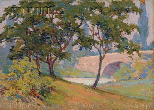 Attributed to Arthur Wesley Dow (American, 1857-19: Attributed to Arthur Wesley Dow (American, 1857-1922) Lot of Two Landscape Sketches Unsigned. Oil on canvas mounted onto board, both 10 x 14 in. (25.4 x 35.6 cm), framed (under glass). Condition: One