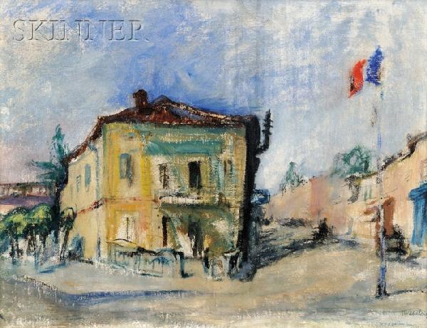 Julius Wolfgang Schulein (American, 1881-1970), To: Julius Wolfgang Schulein (American, 1881-1970) Town in South France Signed "JW Schulein" l.r., inscribed and titled "JW SCHULEIN 18W74 NYC..." on the stretcher. Tempera on canvas, 18 x 24