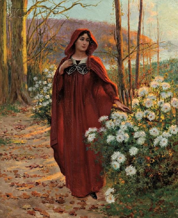 Jean Beauduin (Belgian, 1851-1916), Woman Cloaked : Jean Beauduin (Belgian, 1851-1916) Woman Cloaked in Red Among White Chrysanthemums Signed and dated "Jean Beauduin/1901" l.r., inscribed "op. 621 Vesper" on the stretcher. Oil on canvas, 28 3/4 x 24 i