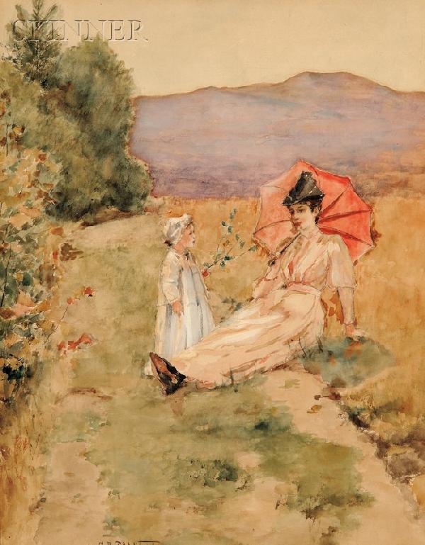 Clement Rollins Grant (American, 1848-1893), Mothe: Clement Rollins Grant (American, 1848-1893) Mother and Child in a Landscape Signed "C.R. Grant" l.c. Watercolor on paper, signt size 17 3/8 x 13 1/2 in. (44.1 x 34.3 cm), framed. Condition: Toning, no