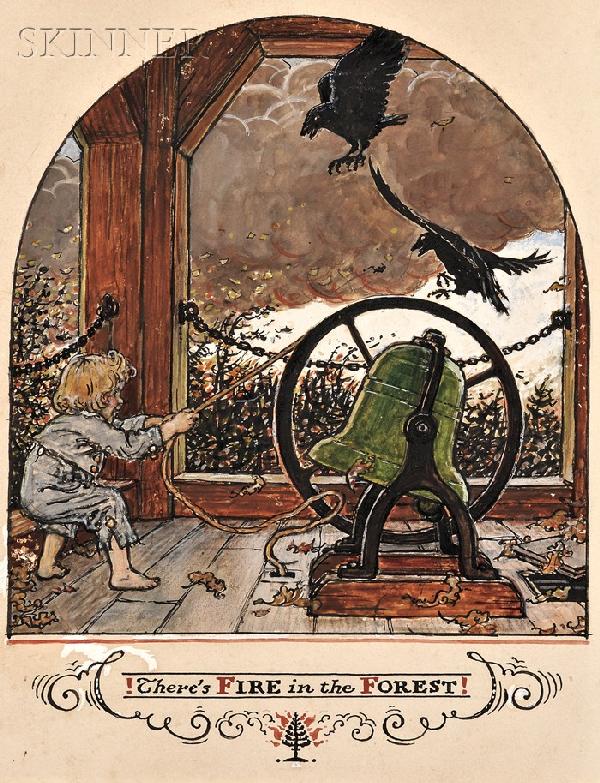 John Rae (American, 1882-1963), There's Fire in th: John Rae (American, 1882-1963) There's Fire in the Forest! / A Book Illustration for Granny Goose Signed "John Rae" and dated "...6/22/26" in graphite on the reverse, identified on