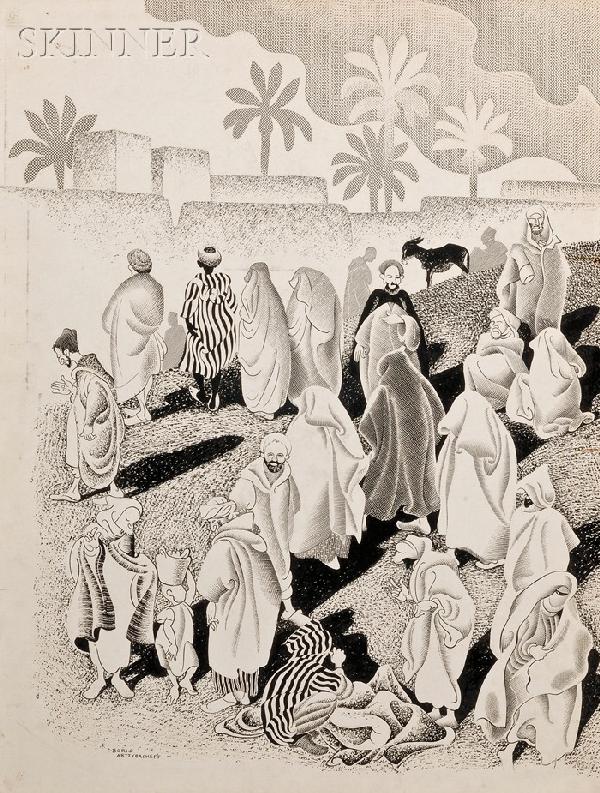 Boris Artzybasheff (Ukrainian/American, 1899-1965: Boris Artzybasheff (Ukrainian/American, 1899-1965) Souk-el-Kheimis/A Double-page Illustration from Behind Moroccan Walls Signed "BORIS ARTZYBASHEFF" l.l., titled on the reverse.