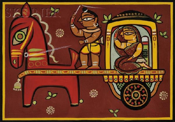 Jamini Roy (Indian, 1887-1972), Horse and Rider in: Jamini Roy (Indian, 1887-1972) Horse and Rider in a Tanga Signed in Bengali l.r. Tempera on card, 17 3/8 x 24 1/2 in. (44.1 x 62.2 cm), framed. Condition: Minor losses, not examined out of frame.