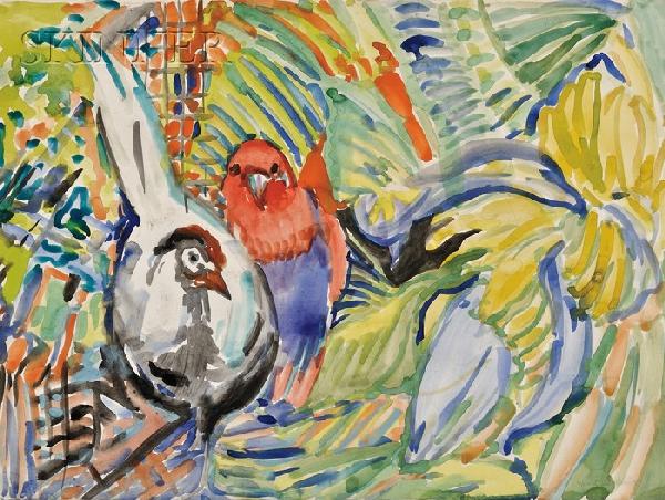 Hunt Slonem (American, b. 1951), Untitled [Chicken: Hunt Slonem (American, b. 1951) Untitled [Chicken and Parrot] Signed and dated "Hunt Slonem '87" l.r. Watercolor and graphite on paper, sheet size 22 1/4 x 30 in. (56.5 x 76.2 cm), framed. Condition: 