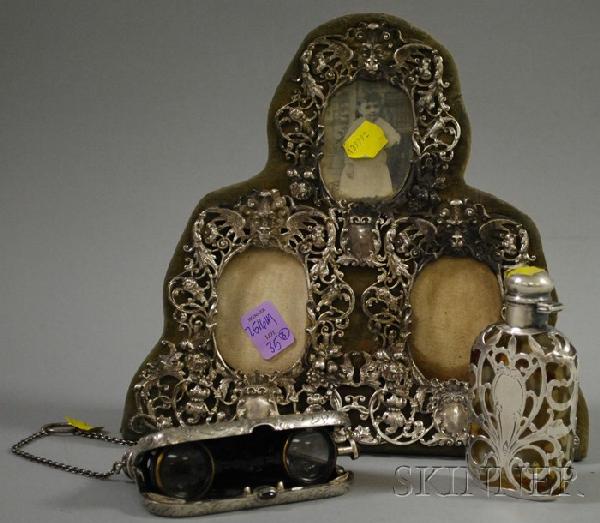 Three Silver and Silver Plated Desk and Personal It: Three Silver and Silver Plated Desk and Personal Items, La Reine French opera glasses (probably silver-plated), a silver overlay flask/bottle, and a three-picture Gorham sterling table frame.